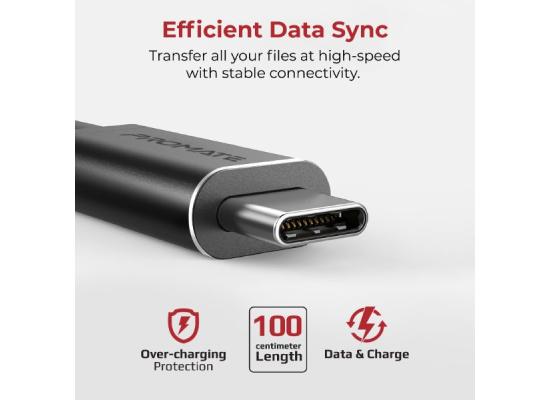 Promate cCord-1 Fabric Braided USB-A to USB-C Data Sync & Charge Cable 1M